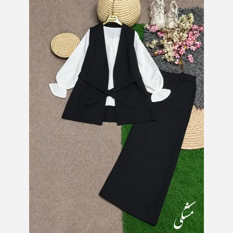 ست چهارتیکه زنانه مدل ملنا جنس بزیاق ریزشی اعلا رنگ مشکی سرمه ای قهوه ای سوخته سایز فری