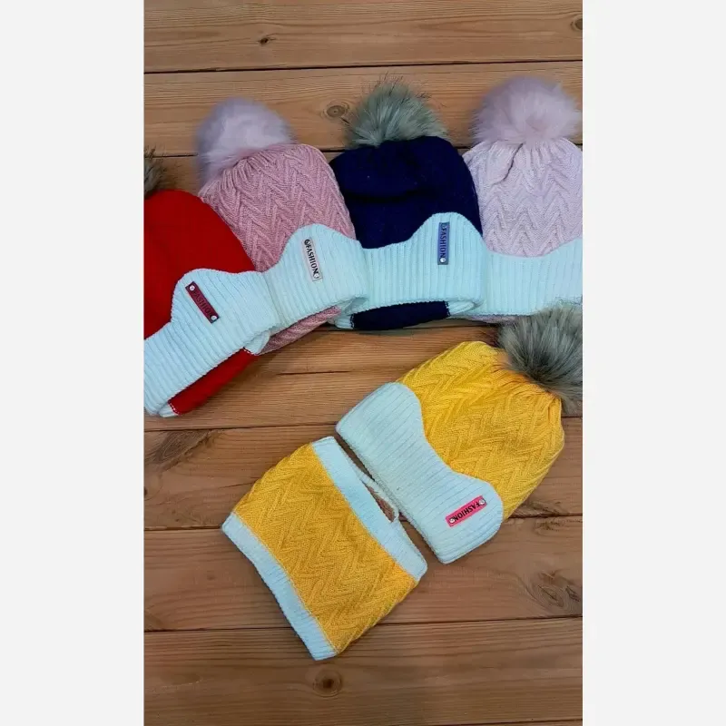 ست کلاه و شال رینگی بافت بچه گانه داخل خز مناسب 1 تا 4 سال