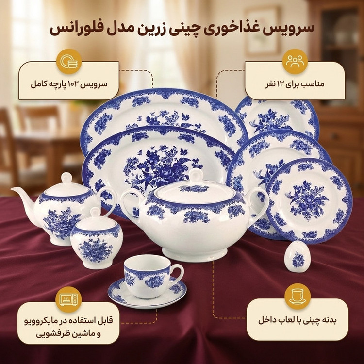 سرویس غذاخوری 102 پارچه کامل چینی زرین ایران سری ایتالیا اف مدل فلورانس درجه عالی