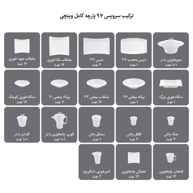 سرویس غذاخوری 97 پارچه چینی زرین سری وینچی الیسه مدل سمن درجه عالی
