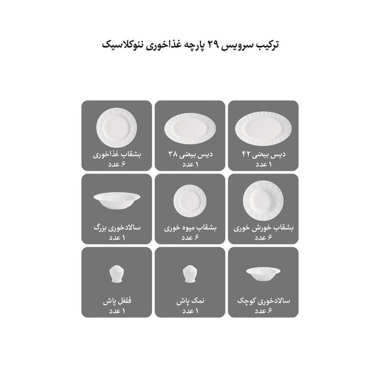 سرویس غذاخوری 29 پارچه چینی زرین ایران مدل نئوکلاسیک گلاریس درجه یک
