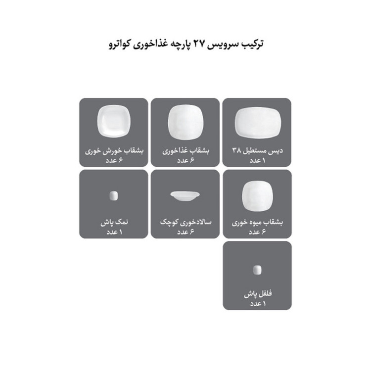 سرویس غذاخوری 27 پارچه 6 نفره چینی زرین ایران مدل کواترو ریوا درجه 3