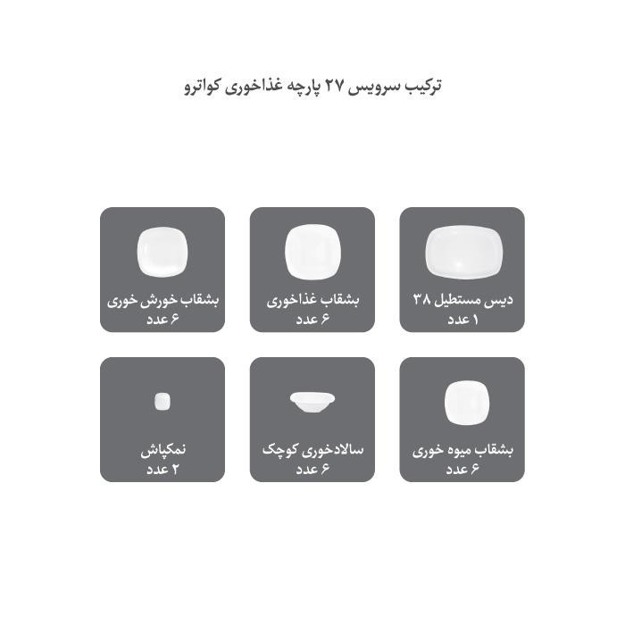 سرویس غذاخوری 27 پارچه 6 نفره چینی زرین ایران سری کواترو مدل ریوا درجه عالی