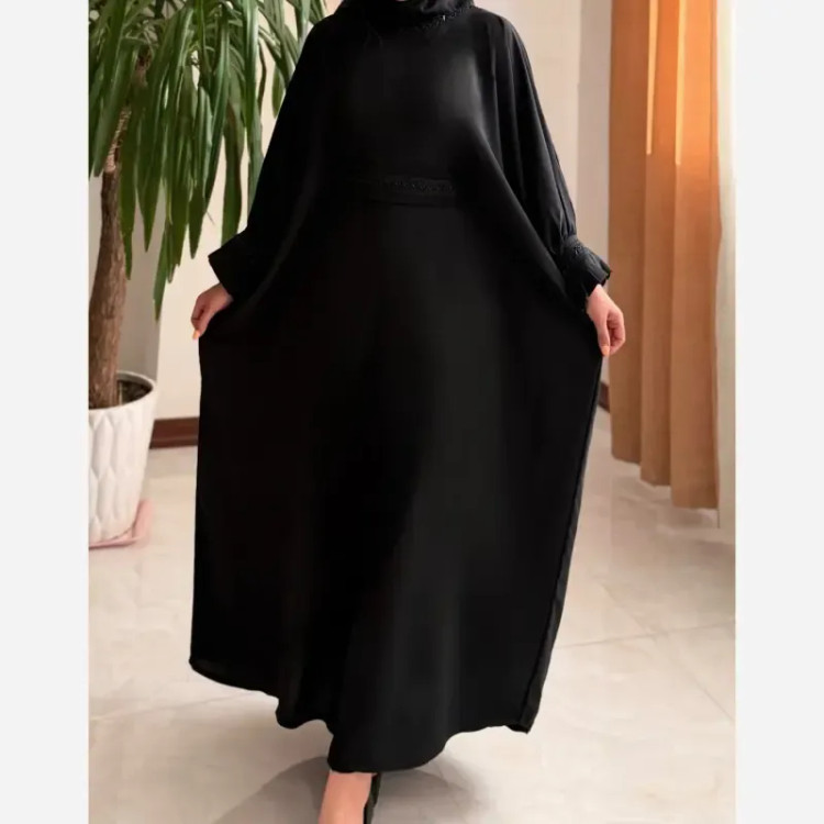 عبای زنانه راحیل الیزه مشکی بلند ملیله دوزی شده آستین پلیسه فری سایز