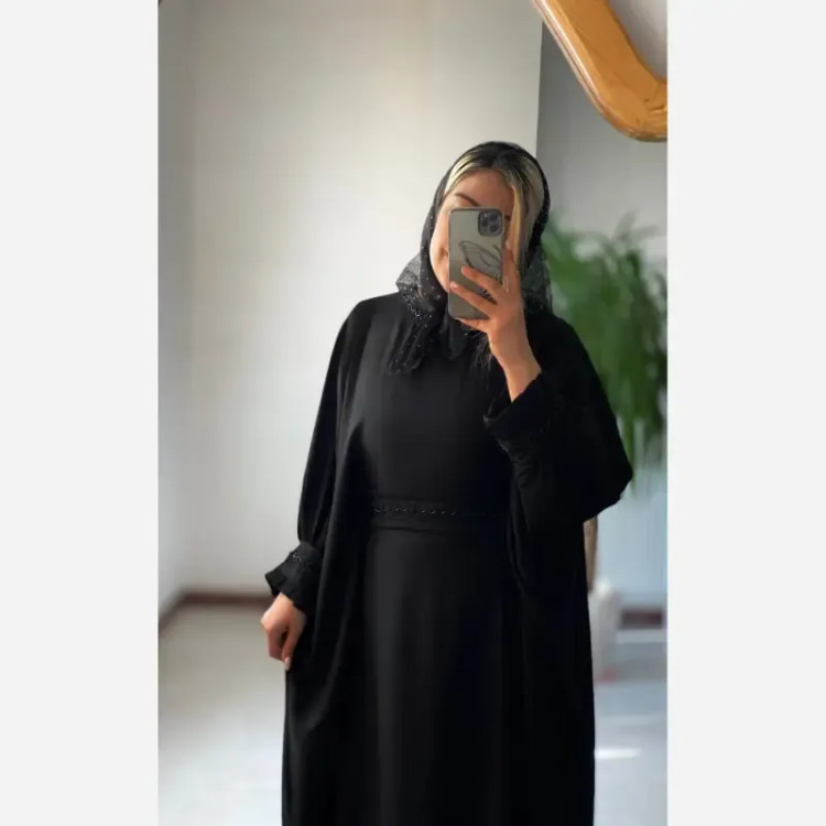 عبای زنانه راحیل الیزه مشکی بلند ملیله دوزی شده آستین پلیسه فری سایز