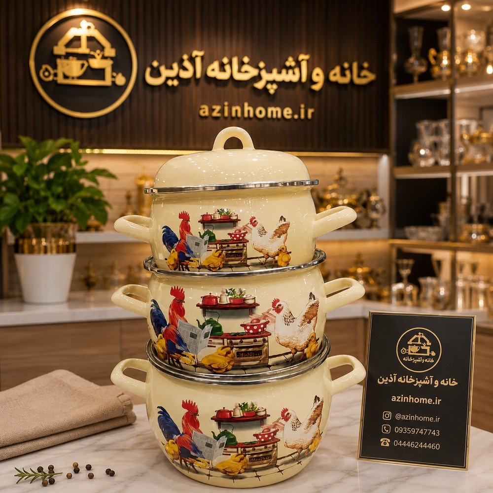 سرویس قابلمه لعابی طرح خروس و مرغ