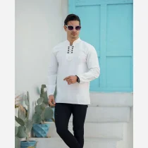 پیراهن الیاف طبیعی مردانه سفید مدل هشت دکمه سایزبندی 1 تا 5