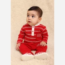 بلوز شلوار نوزادی پسرانه ست یلدایی لیتل من جنس پنبه لطیف یقه دکمه خور