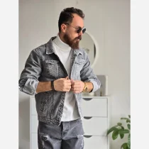 کت جین مردانه پارچه ترک رنگ طوسی تمام کش و قواره دار سایز M تا XXL